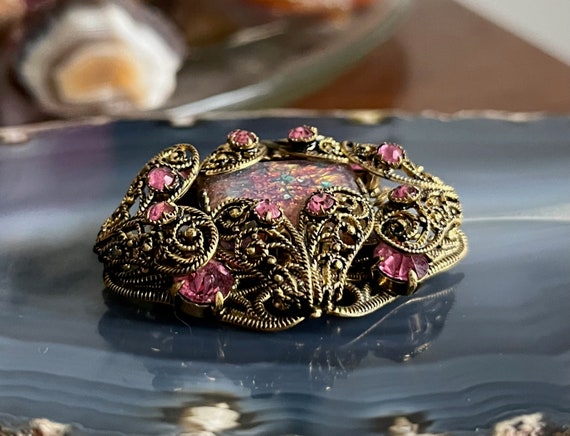 Antique Vintage Gold Tone Filigree Opal Pink Rhin… - image 4