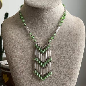 1930s Czech Art Deco Green Glass Bugle Bead Fringe V Necklace