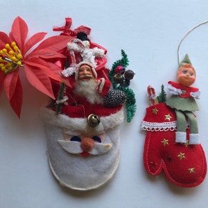 Set of 2 Vintage Santa and Elf Christmas Decoration Ornaments Felt Chenille Mercury Glass Beads Paper Mache Rubber