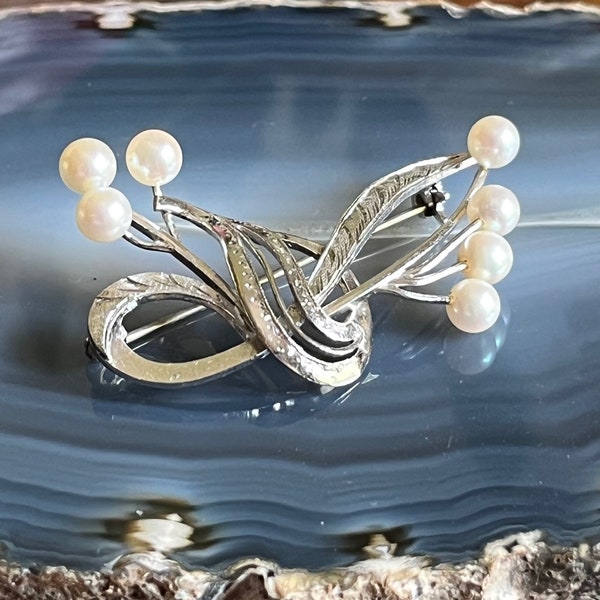 Vintage Mid Century RBM Silver Cultured Pearl Brooch