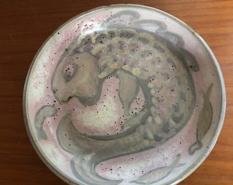 Vintage Mid Century Modern Pink and Grey Studio Pottery Stoneware Fish Decor Bowl