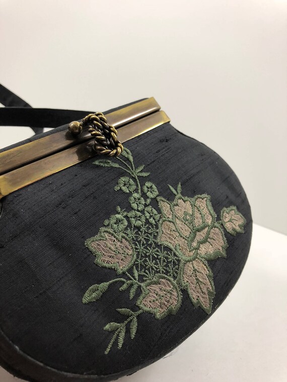 Vintage Black Indian Silk Embroidered Box Purse Ev