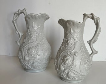 Pair of Small and Large Victorian EJ Ridgway & Abington Snake Handled Relief Moulded Drabware Salt Glaze Pottery Jugs