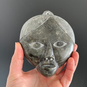 Vintage Canadian Inuit Eskimo 1988 Parsa Nowra Soapstone Carving Face Mask Hanging Plaque