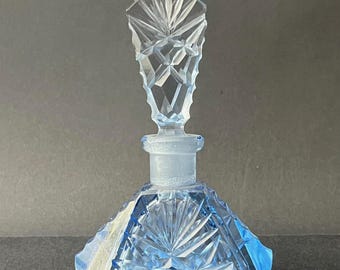 Vintage Art Deco Czech Cut Glass Blue Perfume Bottle