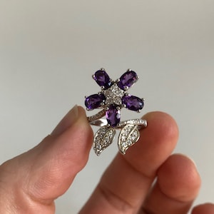Vintage Sterling Silver Amethyst and Cubic Zirconia Flower Ring