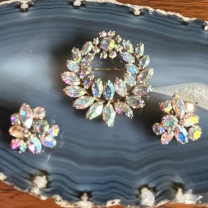 Vintage Sherman Aurora Borealis Rhinestone Brooch and Earrings Set