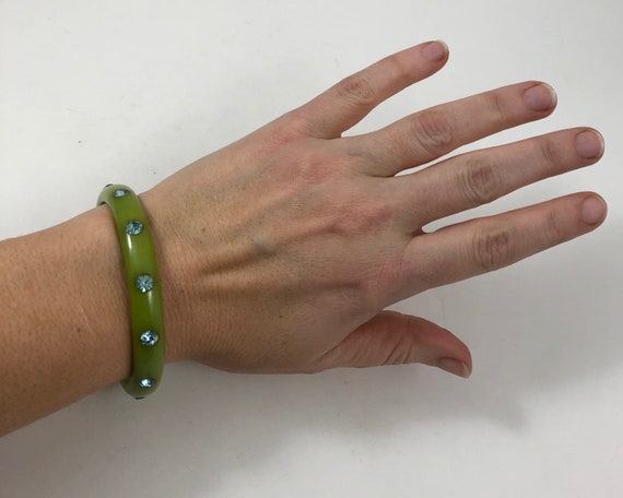 Vintage Green Bakelite Bangle Bracelet Inset With Blue Rhinestones