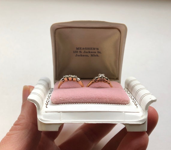 Vintage Art Deco White Celluloid Pink Velvet Interior Bridal Set Gift Display Engagement Proposal Ring Box