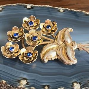 Vintage Art Deco Sterling Silver Vermeil Sapphire Blue Rhinestone Flower Bouquet Brooch