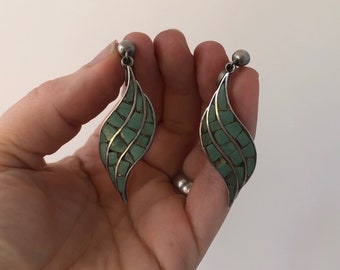 Vintage Mid Century Boho Mexican Silver Turquoise Mosaic Screw Back Dangling Earrings