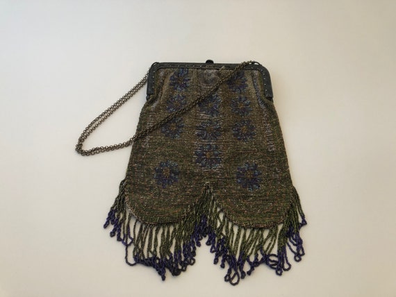 Antique French Steel Beaded Fringed Ladies Bag Ha… - image 1