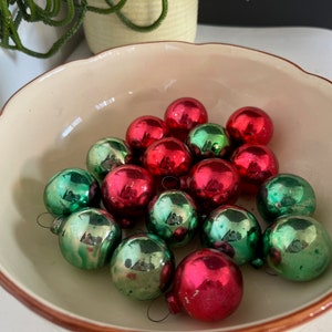 Vintage Set of Red and Green Mini Mercury Glass Feather Tree Christmas Ornaments