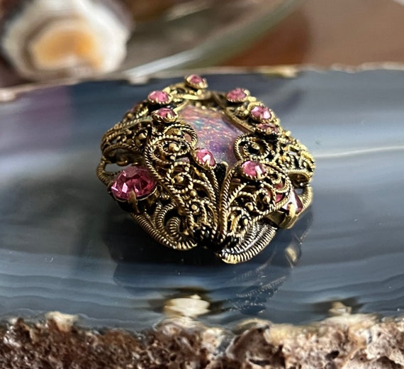 Antique Vintage Gold Tone Filigree Opal Pink Rhin… - image 2