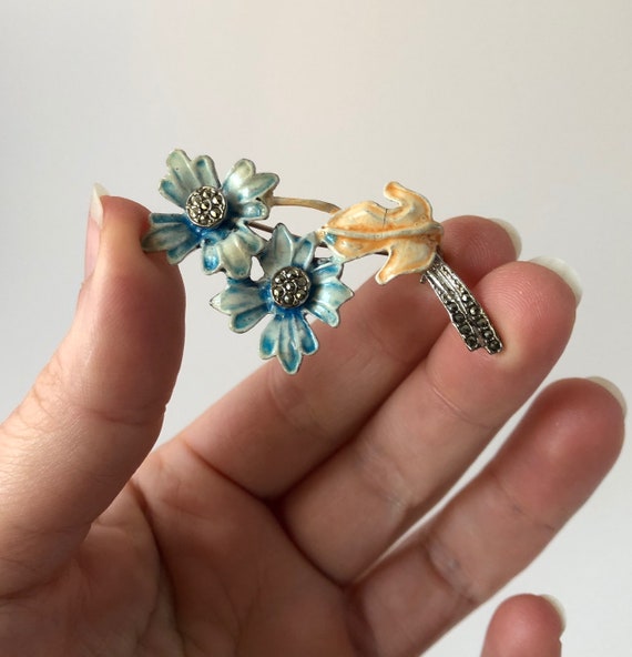 Vintage 1930s Enamelled Marcasite Flower Brooch