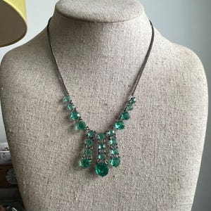 Vintage 1920s or 30s Czech Green Glass Open Bezel Rhinestone Drop Bib Necklace