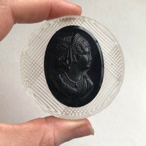 Huge Vintage Reverse Carved Lucite Black Celluloid Cameo Brooch