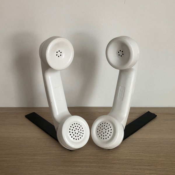 White Vintage 1970s Rotary Dial Telephone Phone Receiver Bookends