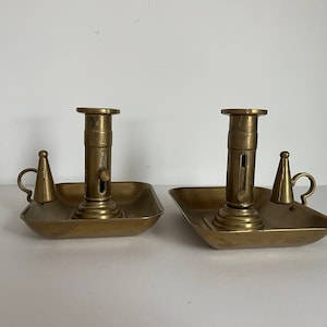 Pair of Vintage Antique Primitive Rustic Push Up Brass Chamber Candle Stick Holders with Snuffers