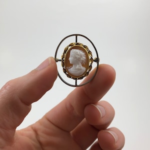 May include: A cameo brooch with a white cameo of a woman's profile set in a gold frame. The frame is surrounded by a silver circular frame with a delicate design.