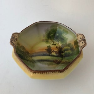 Antique Nippon Handled Bowl with Hand Painted Landscape Moriage Jewelled