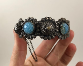 Antique 800 Silver Cannetille Etruscan Revival Blue Opal Glass Cabochons Hinged Bangle Bracelet