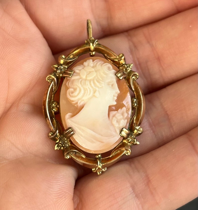 Antique Vintage Gold Filled Carved Shell Cameo Brooch Pendant for Necklace zdjęcie 7