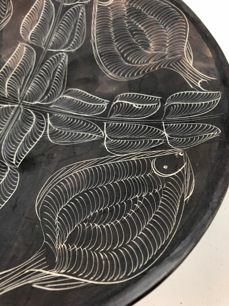 Vintage Sgraffito Fish Engraved Studio Pottery Ceramic Bowl Signed Symone 1989 The Great Rift Valley of Kenya