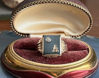 Vintage heren 10 kt goud zwarte hematiet diamant hematiet initiaal A of V zegelring