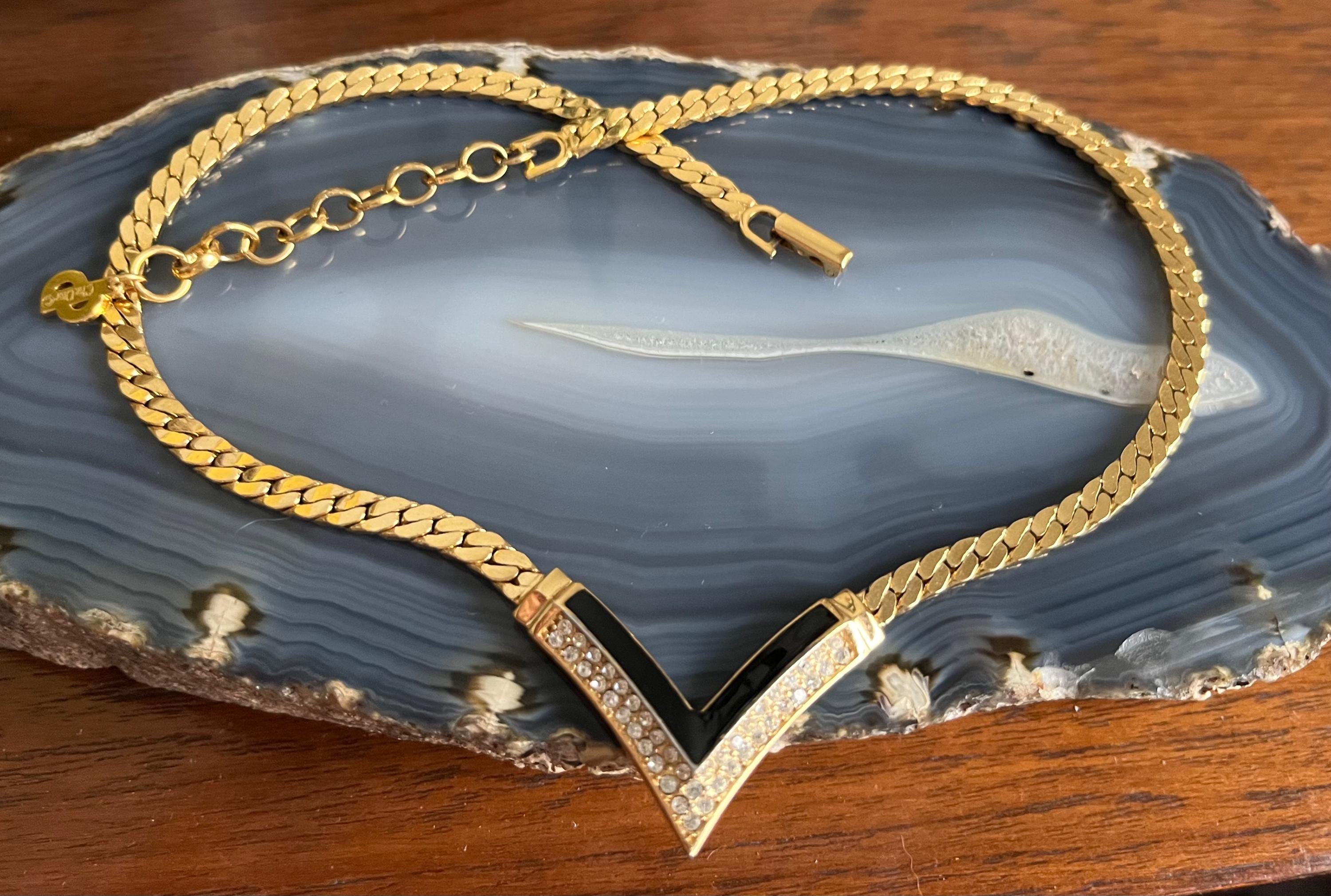 Vintage Christian Dior Gold Tone Rhinestone Black Enamel V