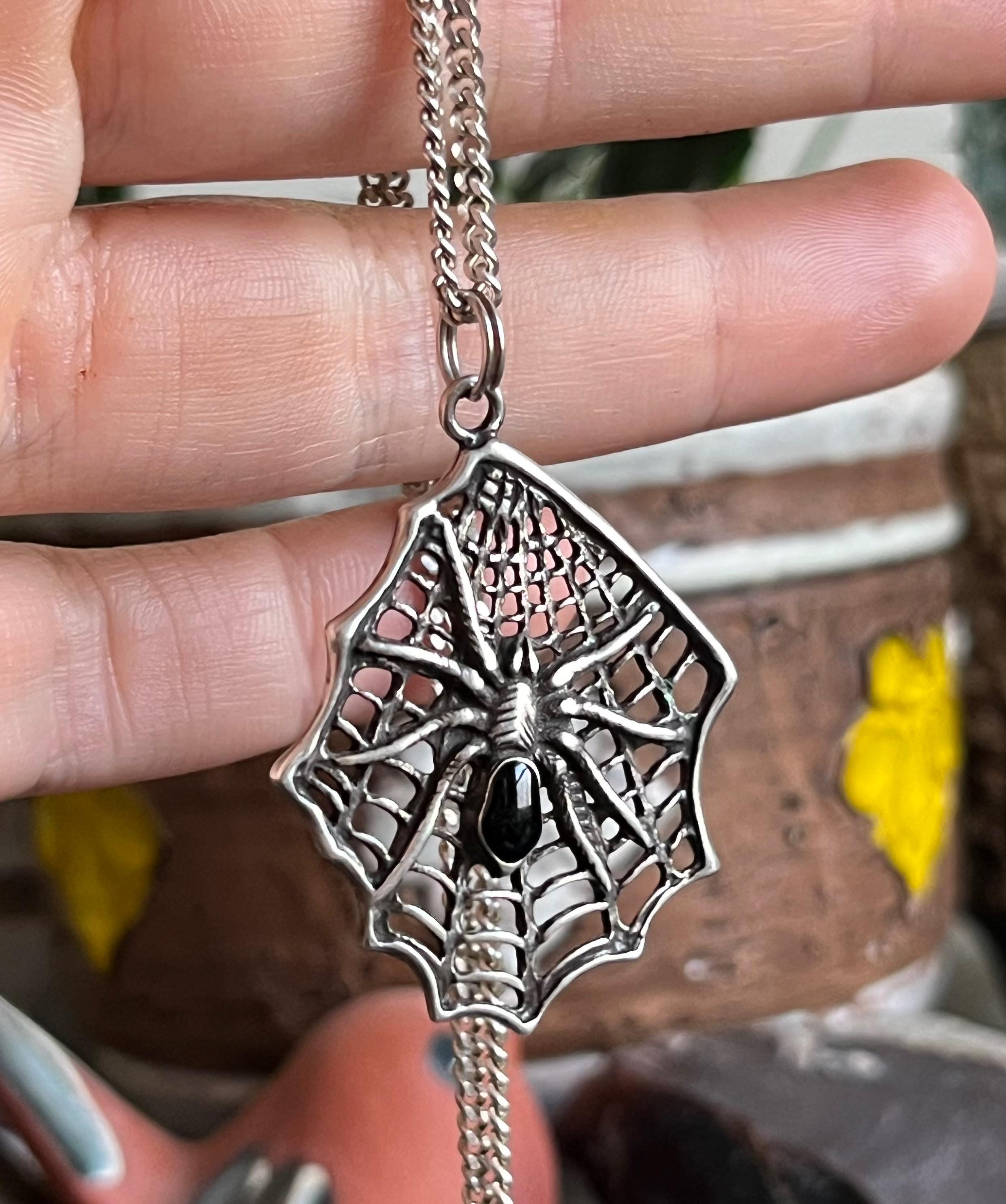Vintage Sterling Silver Black Onyx Spider & Spider Web Spiderweb 