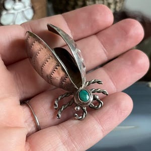 Large Vintage Navajo Native American Silver Turquoise Bug Brooch