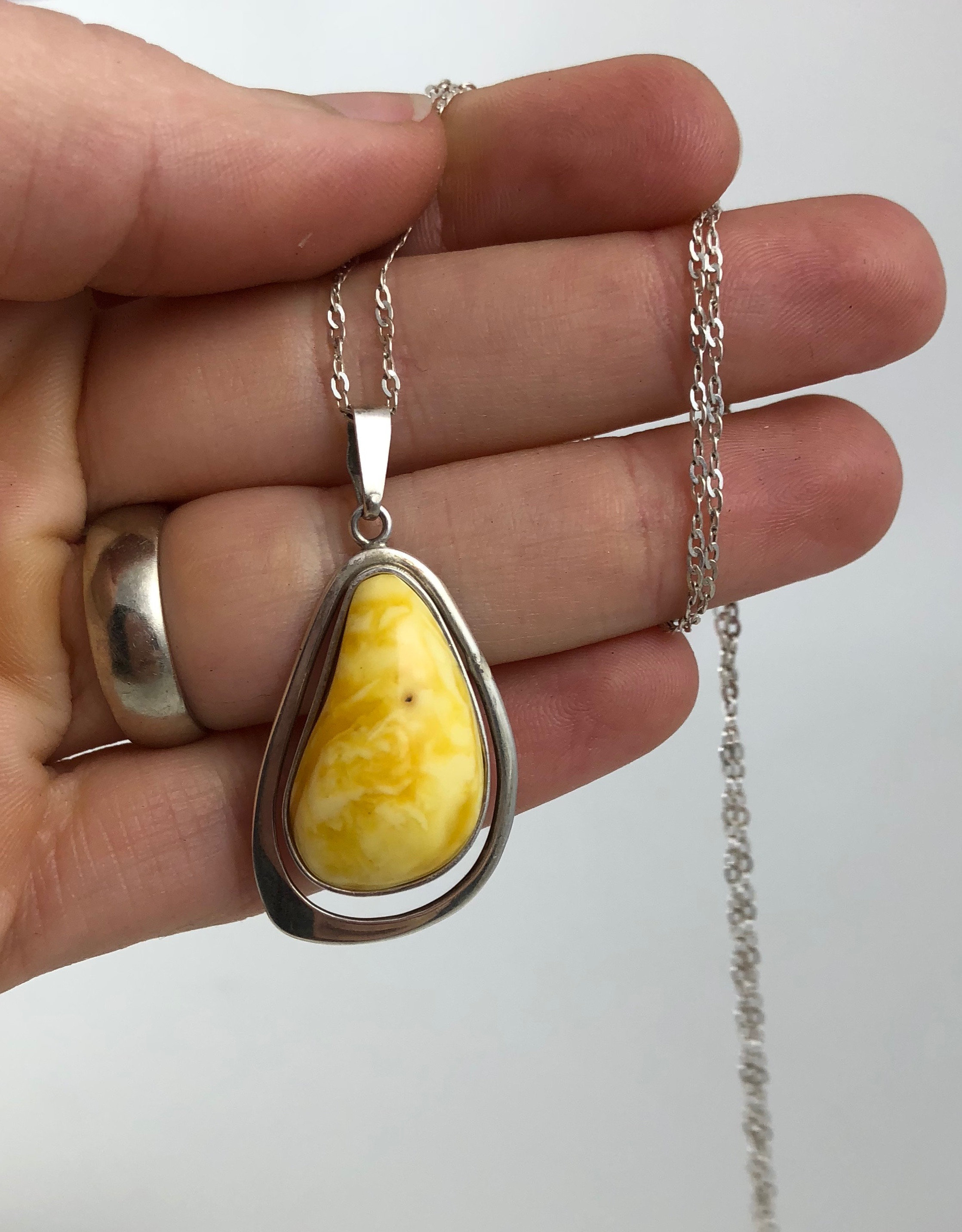 Vintage Modernist Sterling Silver Baltic Egg Yolk Amber Necklace