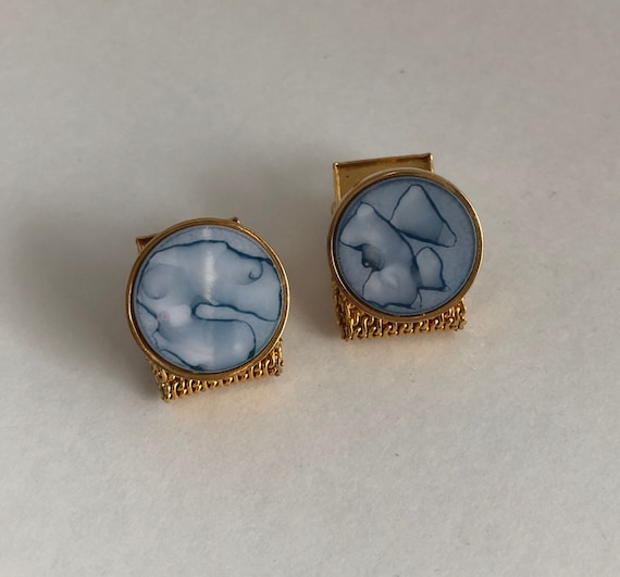 Boutons De Manchette Homme Vintage Danté - Bleu Marbre Ton Or, Bon état