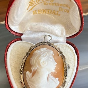 Vintage 800 Silver Marcasite Carved Shell Cameo Brooch Pendant