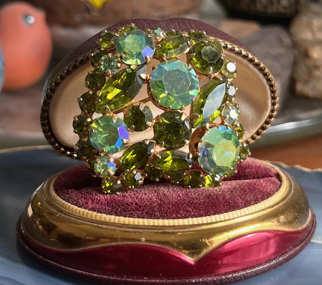 Vintage Austria Glass Leaves Brooch - UV Reactive Stones