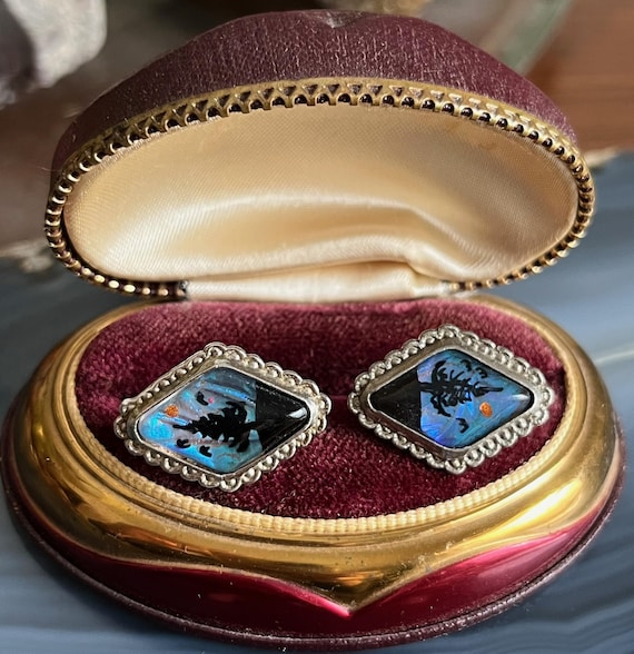 Vintage Art Deco Morpho Butterfly Wing Screw Back Earrings