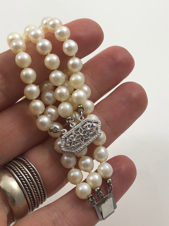Art Deco 14K White Gold & Diamond Clasp Pearl Necklace 18