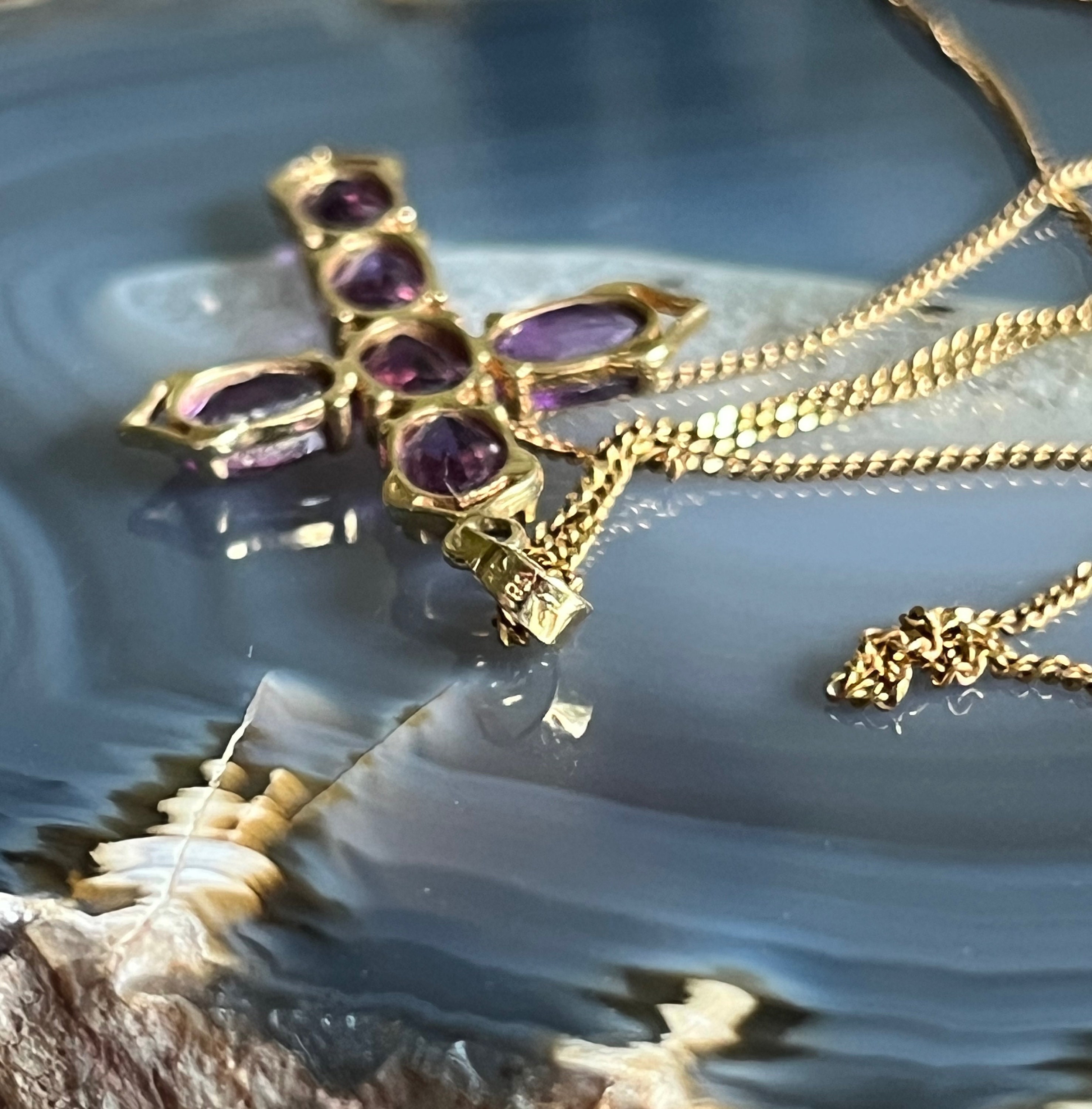 Vintage 14K Yellow Gold Amethyst Crucifix Cross Pendant Necklace
