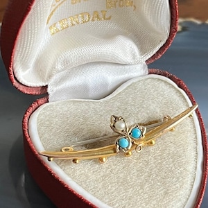 Antique Victorian 9ct Gold Turquoise Seed Pearl Crescent Moon and Ivy Brooch