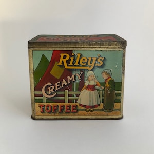 Antique c1910 Riley&#39;s Creamy Toffee Advertising Tin General Store Farmhouse Decor