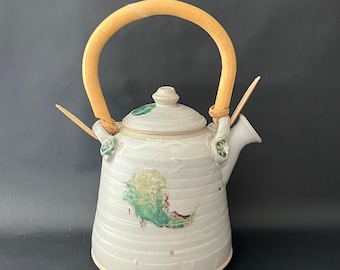Vintage Stoneware Canadian Studio Pottery Teapot with Bamboo Handle