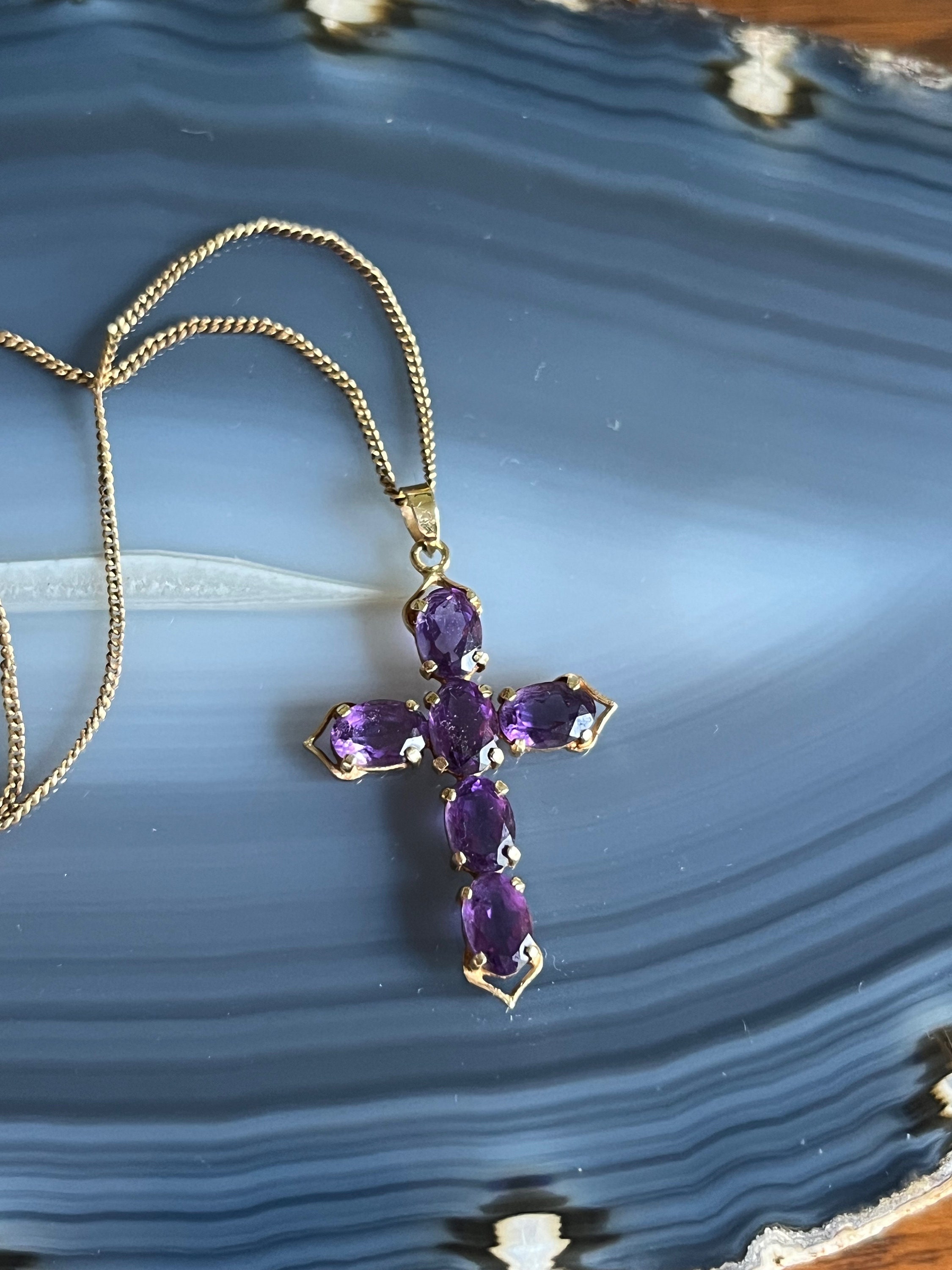 Vintage 14K Yellow Gold Amethyst Crucifix Cross Pendant Necklace