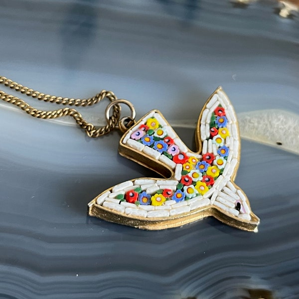 Vintage Peace Dove Bird Italian Micro Mosaic Pendant Necklace