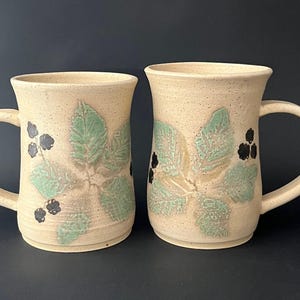 Pair of Vintage Handmade Studio Pottery Stoneware Coffee Tea Mugs Blackberries