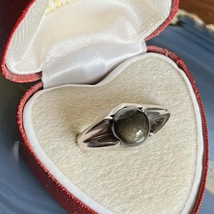 May include: A silver ring with a dark, iridescent stone, presented in a heart-shaped red box with white satin lining. The ring's design features a central stone flanked by stylized wings.