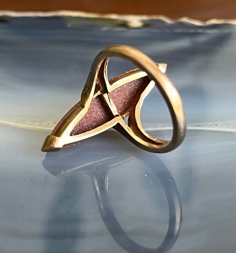 Vintage Antique 10K Gold Long Goldstone Navette Ladies Ring image 2