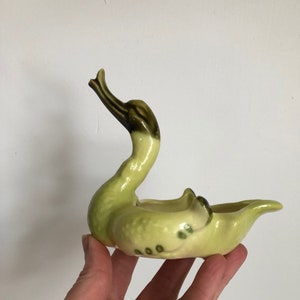 Könnte beinhalten: Ein grüner Keramik-Schwanen-Pflanztopf mit braunem Kopf und Hals. Der Topf hat eine kleine Öffnung zum Pflanzen.