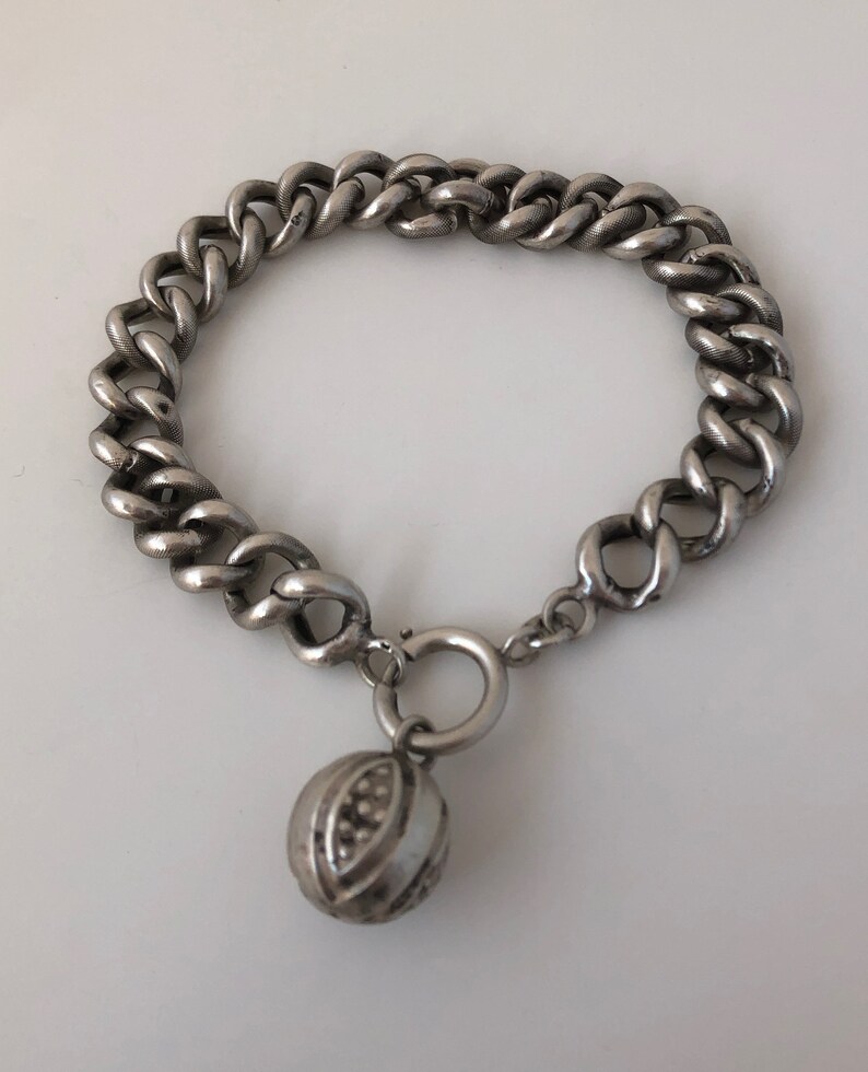 Antique Victorian French Silver Patterned Chain Link Bracelet with Charm Fob
