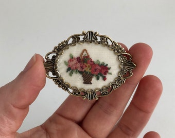 Vintage Petit Point Rose Basket with Antiqued Gold Filigree Frame Brooch